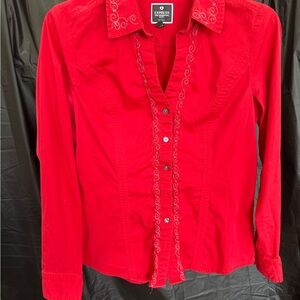 Express Red Long Sleeve Button Down Shirt with Notched Collar